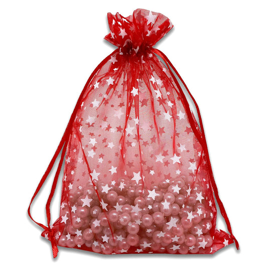 100-Pack 6x8 Sheer Organza Drawstring Gift Bags (Large) - Metallic Stars (Red/White) - Wedding Party Favors, Jewelry, Candy, Treats Mesh Pouch by The Display Guys