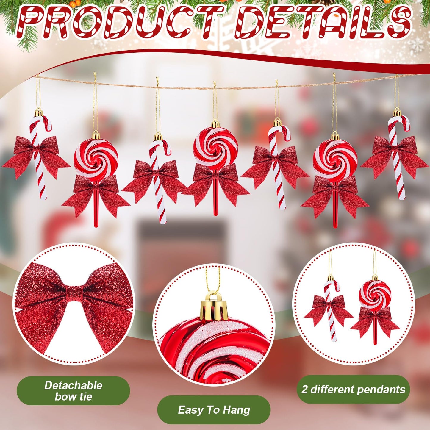 Pinkunn 30 Set Christmas Candy Cane Ornament with Bow Peppermint Candy Cane Christmas Tree Decoration Plastic Lollipop and Bow Hanging Ornaments for Xmas Tree Wreaths Holiday Decorations(Red)