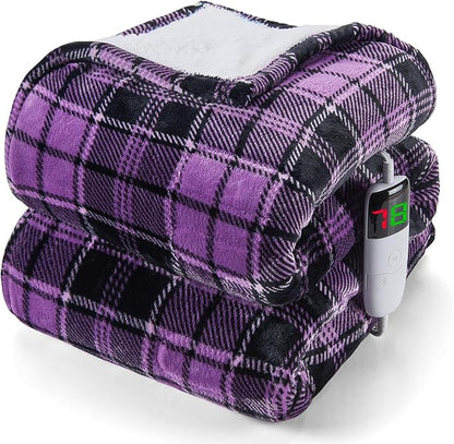 Heated Blanket Electric Throw, 50X60, Heating Throw with 10 Heating Levels & 8 Hours Auto Off, Purple Plaid Checkered Sherpa Blanket Warmer for Couch Bed Office, Gifts for Mom Women Grandma Home Decor