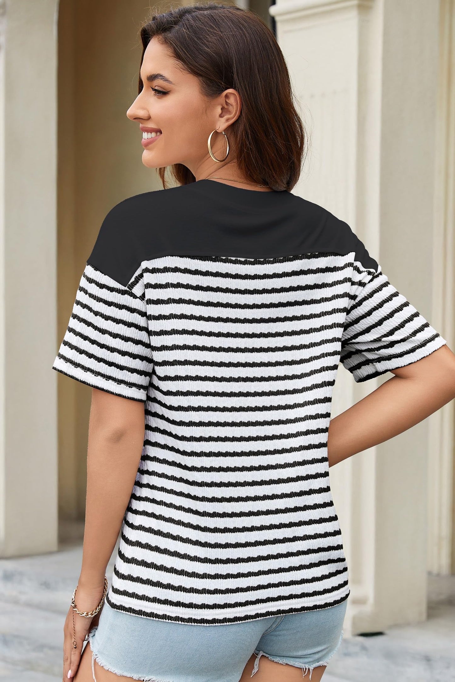 Dokotoo Summer Tops for Women Casual Short Sleeve Trendy T Shirts for Women Loose Fit V Neck Stirped Color Block Tees Top Spring Fashion Blouses Black Medium