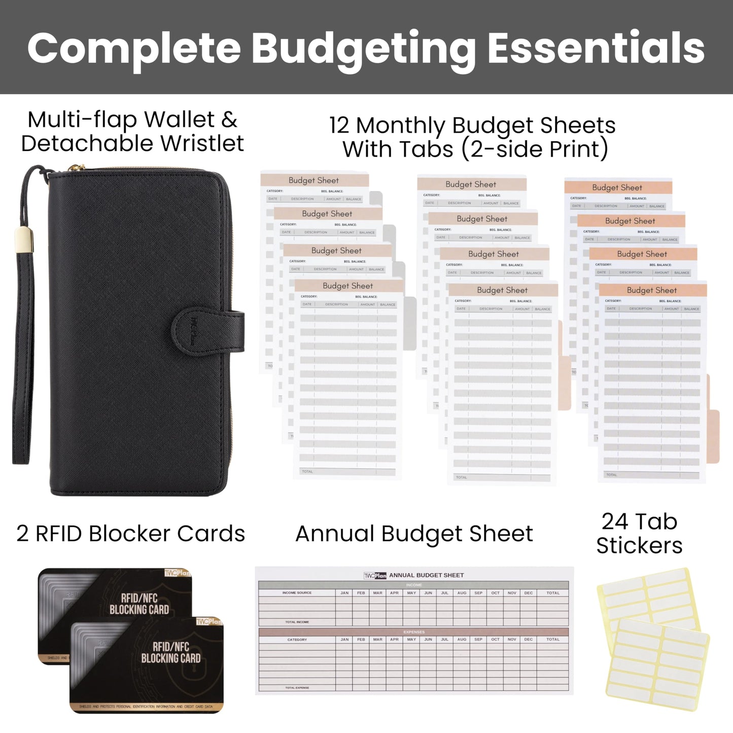 Multi-flap Budget Wallet for Cash Stuffing, Card, Check -Simplified Cash Envelope Wallet System for Budgeting W/Budget Tracker Sheets, RFID Blocking Leather Wallets For Women, Money Organizer Holder