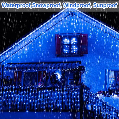 JXLEDAYY 65 FT 640 LED Christmas Lights Outdoor Decorations Clear Wire String Lights Plug in 120 Drops 8 Modes Memory Timer Connectable Curtain Fairy Lights Waterproof for Holiday Wedding Party-Blue