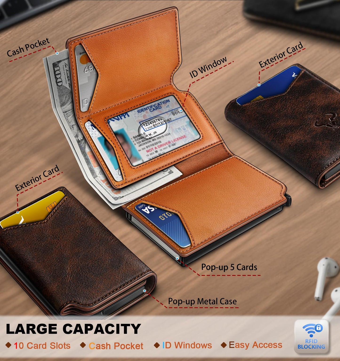 BULLIANT Men Wallet Leather Wallet Card Holders Money Clip for Men 10Cards-Magnetic Flip on Metal Case
