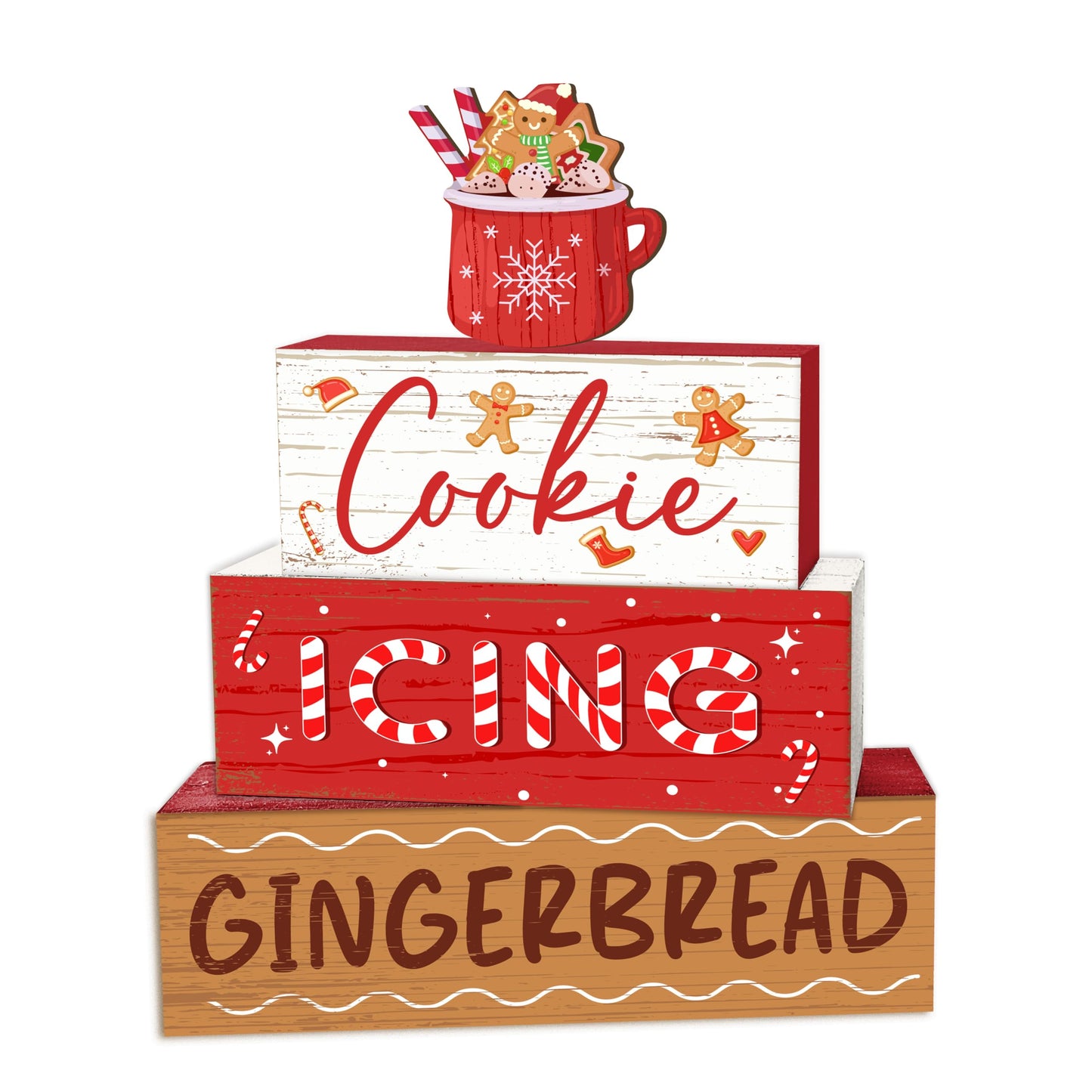 4 Pcs Hot Cocoa Christmas Decor, Gingerbread Table Decorations, Christmas Tiered Tray Desk Decor Gifts, Cookie Icing Winter Wooden Stack Block Signs Table Centerpiece for Farmhouse Office -B10