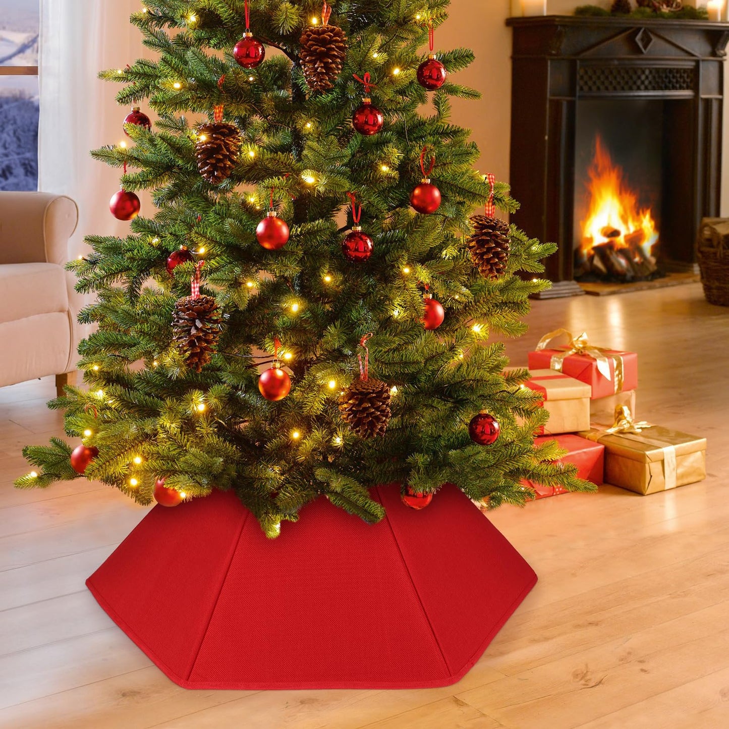 Christmas Tree Collar Red Hexagon Folable Christmas Ring Tree Skirt for Artificial Trees Base Stand Cover Xmas Trees Decoration
