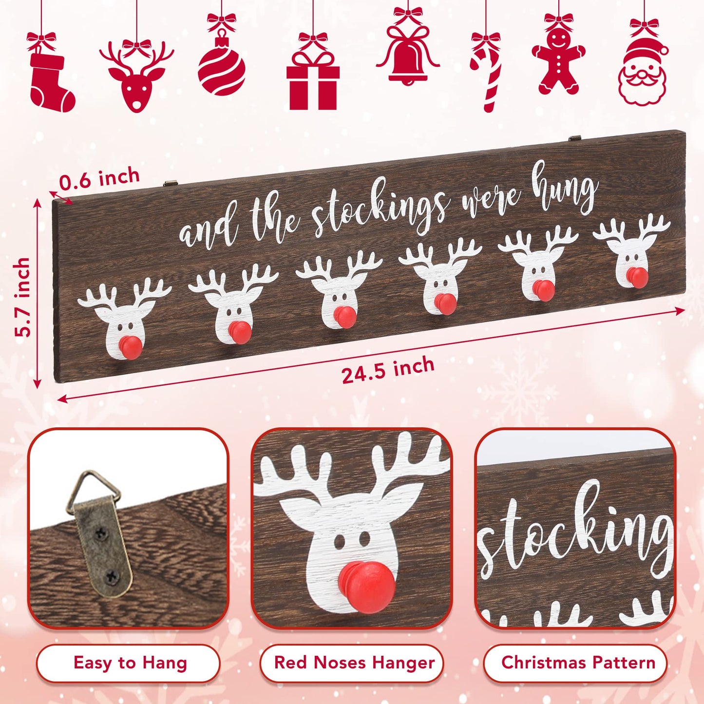 NEWLIGHTURE Christmas Stocking Wall Hanger The Stocking were Hung with 6 Red Nose Hooks Wood Christmas Stocking Rack Wall Mount Sign for Mantle Fireplace (Reindeer)