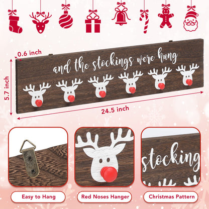 NEWLIGHTURE Christmas Stocking Wall Hanger The Stocking were Hung with 6 Red Nose Hooks Wood Christmas Stocking Rack Wall Mount Sign for Mantle Fireplace (Reindeer)