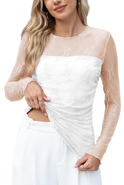 XIEERDUO Women's Sexy Sheer Long Sleeve Tops Crew Neck Mesh Ruched Going Out Shirts Blouse Date Night Outfits