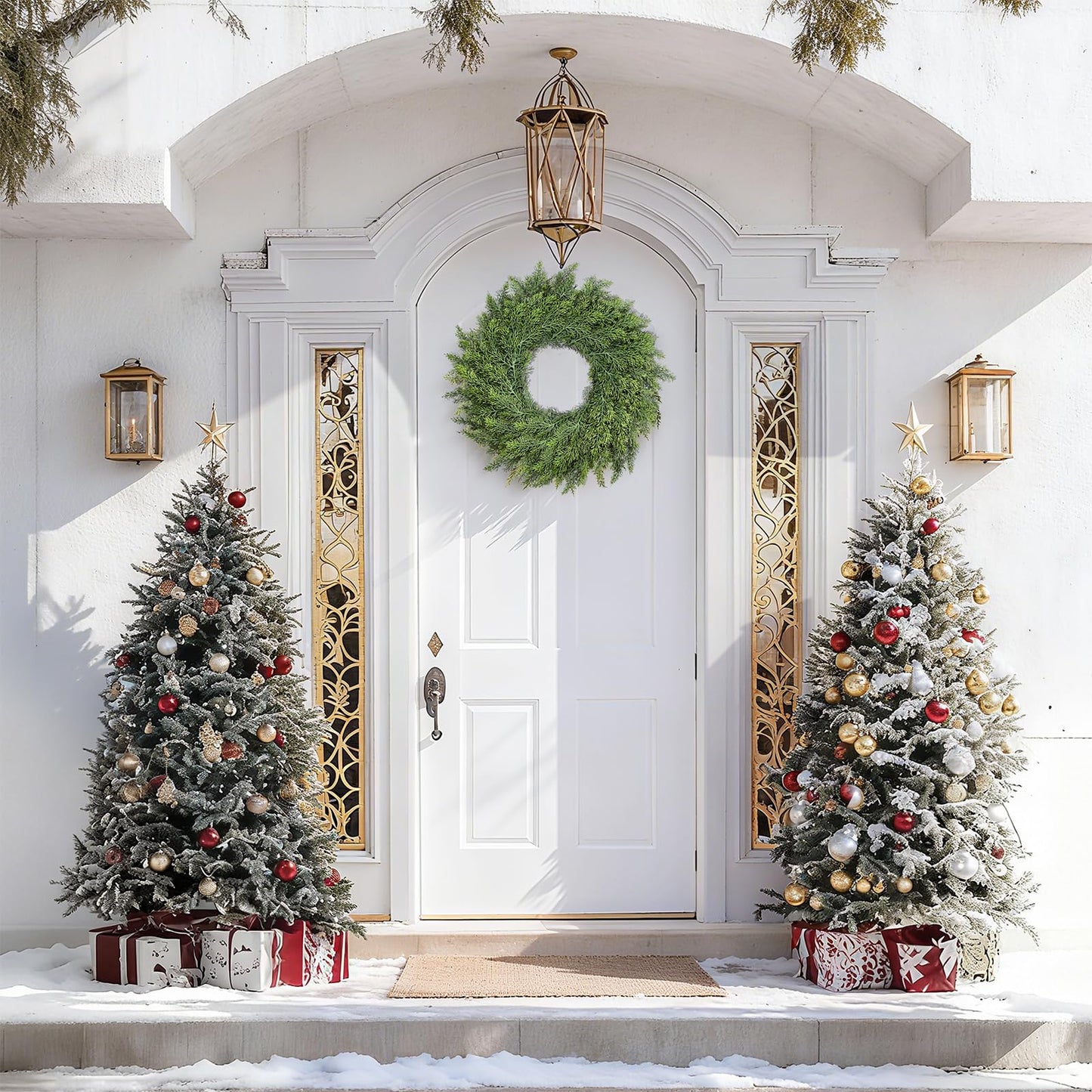 MEUIS Real Touch Cedar Wreath - 22 Inch Outdoor Traditional Artificial Greenery Wreath for Front Door Windows Indoor Weatherproof Holiday Decor