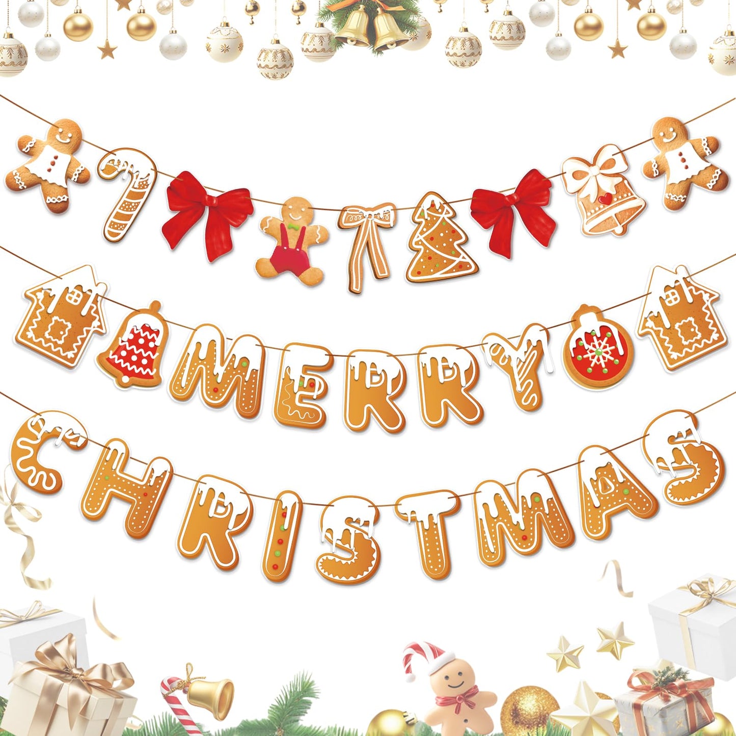 Merry Christmas Banner Gingerbread Christmas Hanging Decoration 3PCS Gingerbread Theme Garland Banner for Holiday Home Office Fireplace Wall Decor Outdoor Indoor Xmas Party Banner