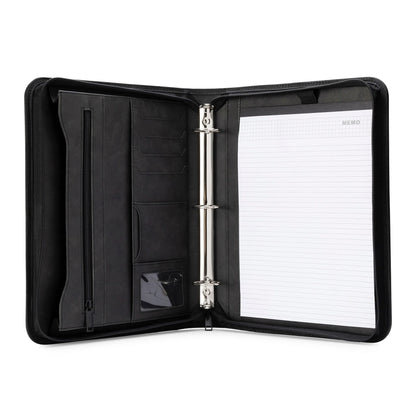 Forevermore Portfolios Portfolio Organizer - 3 Ring Binder with Notepad - 1.5 Inch Rings - Zippered Storage Pockets for Papers, Travel Documents, Presentation Folder, Cards, Passport, Tickets - Black