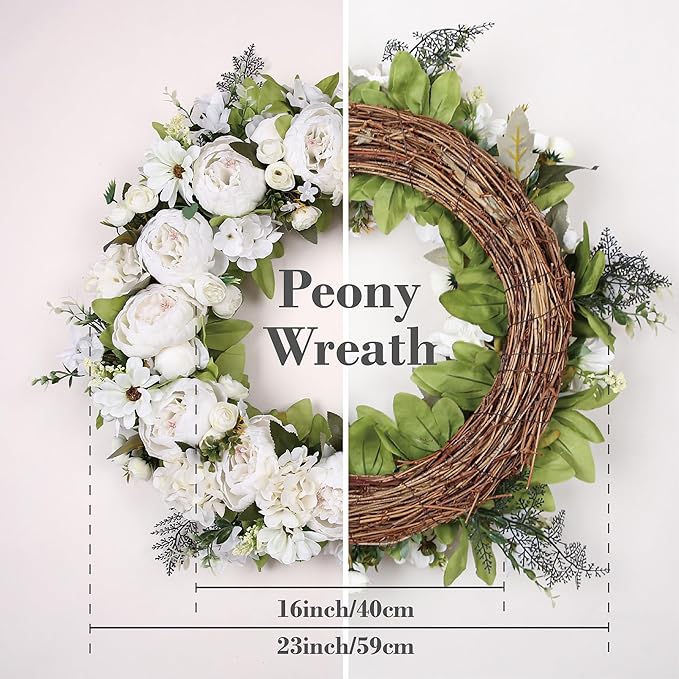 Peony Wreath 23" Floral Artificial Wreath for Front Door Wall Decor Home Décor Festival Celebration Wedding Party New Owners Seasonal Decoration Housewarming Gifts EZsenses (White)