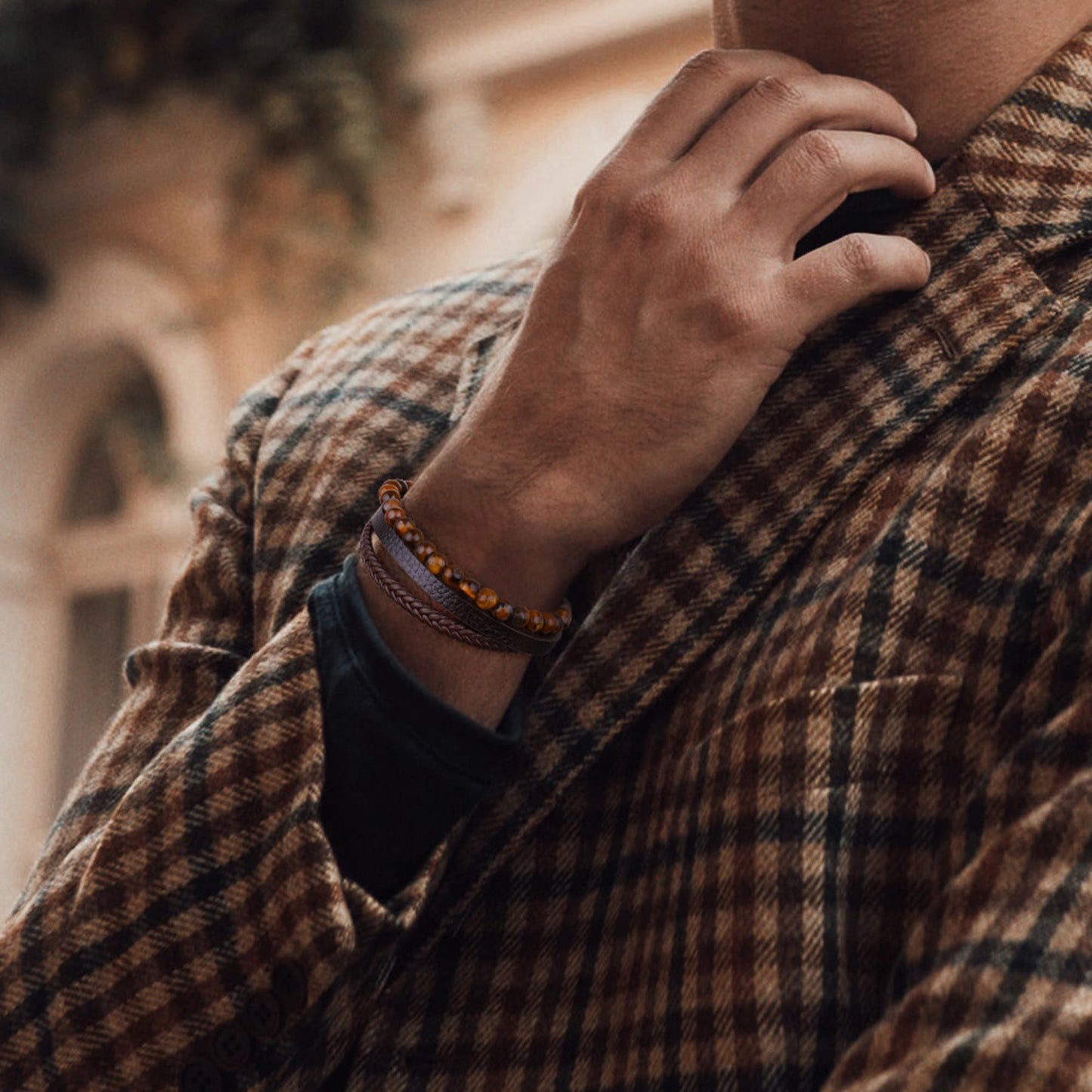 Ailetop Tiger Eye Bracelet Men - Mens Bracelets Beads Adjustable Braided Leather Bracelet for Men Brown Leather Mens Beaded Bracelets Men's Jewelry Birthday Gifts for Dad Husband Son