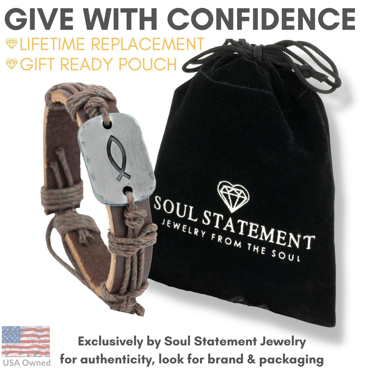 Soul Statement Sign of the Fish Men's Leather Wrap Bracelet for Teenagers (Brown Fish)
