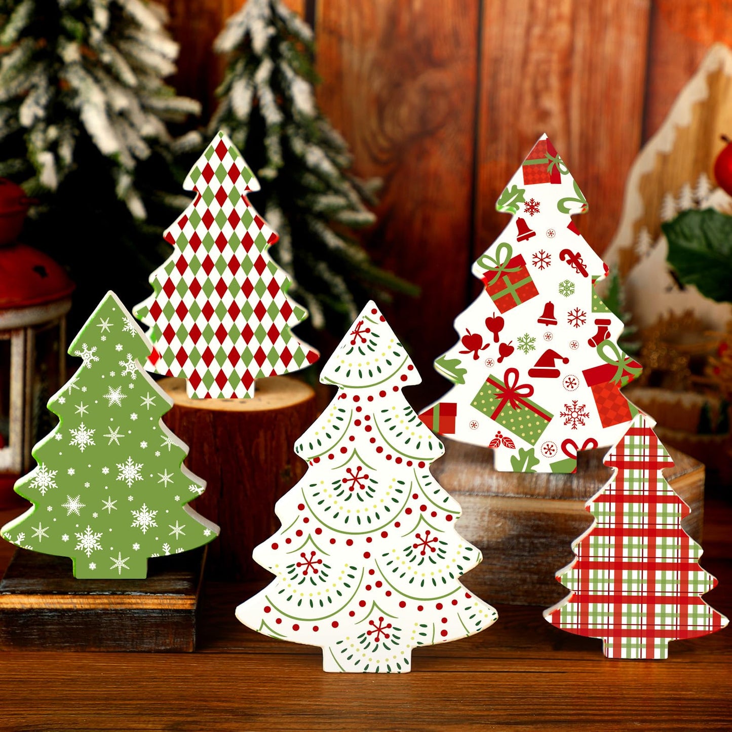 Huwena 5 Pcs Christmas Table Decoration Wooden Xmas Tree Tiered Tray Decor Centerpiece Gift Box Indoor Christmas Tree for Shelf Mantel Fireplace Home Party (Red Green White Buffalo Plaid)