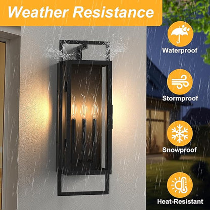𝟐𝟔.𝟑𝟖𝐈𝐍 Porch Light Outdoor, Dusk to Dawn Wall Lantern with Tempered Glass, Waterproof Outside Light Front Porch Light 3-Light, Matte Black Front Open Window Wall Sconce for Patio