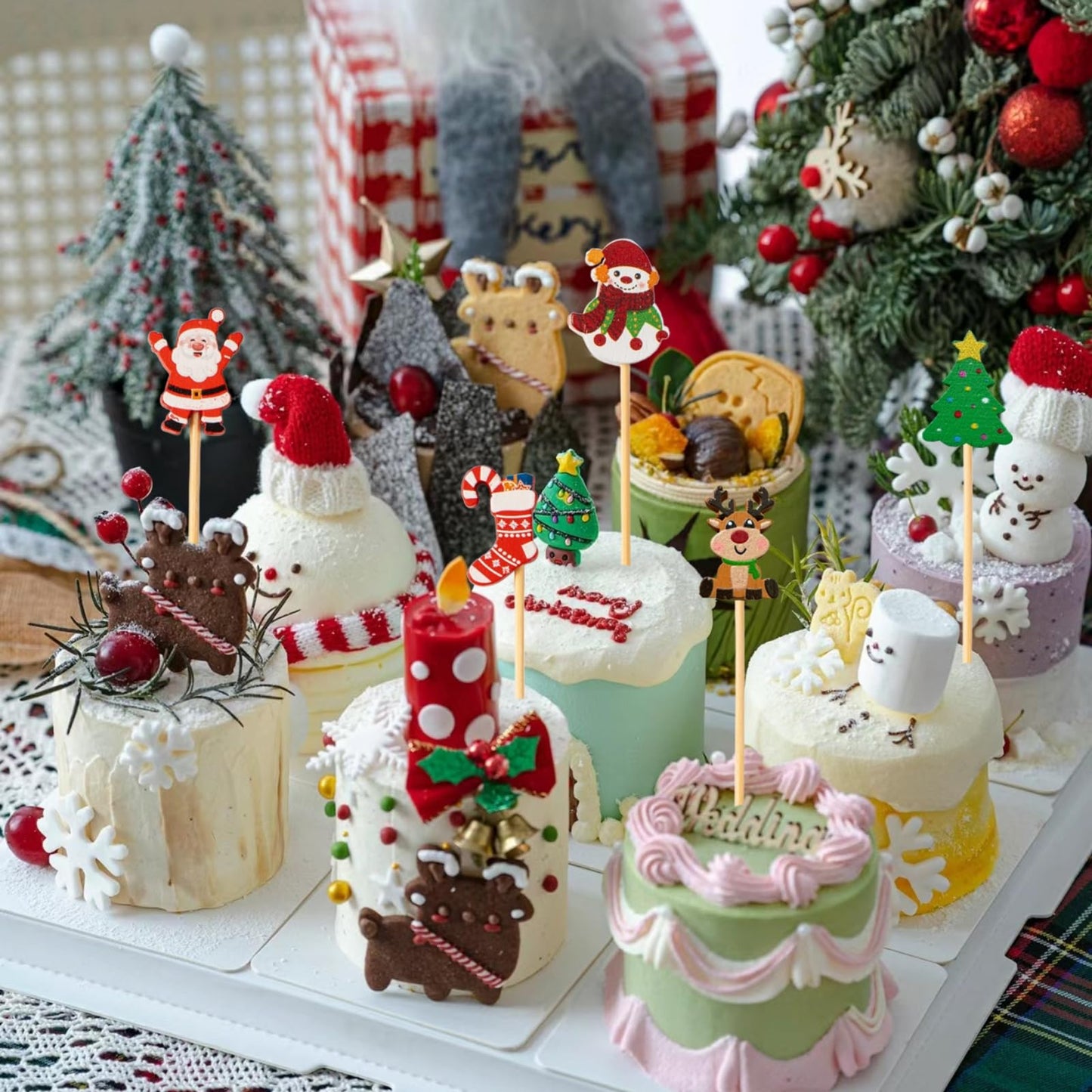 Jiesky 240 Counts Christmas Cocktail Picks Christmas Tree Snowflake Snowman Santa Claus Reindeer,4.7in Bamboo Cocktail Toothpicks Fruit Food Appetizer for Christmas Party Decorations 2024