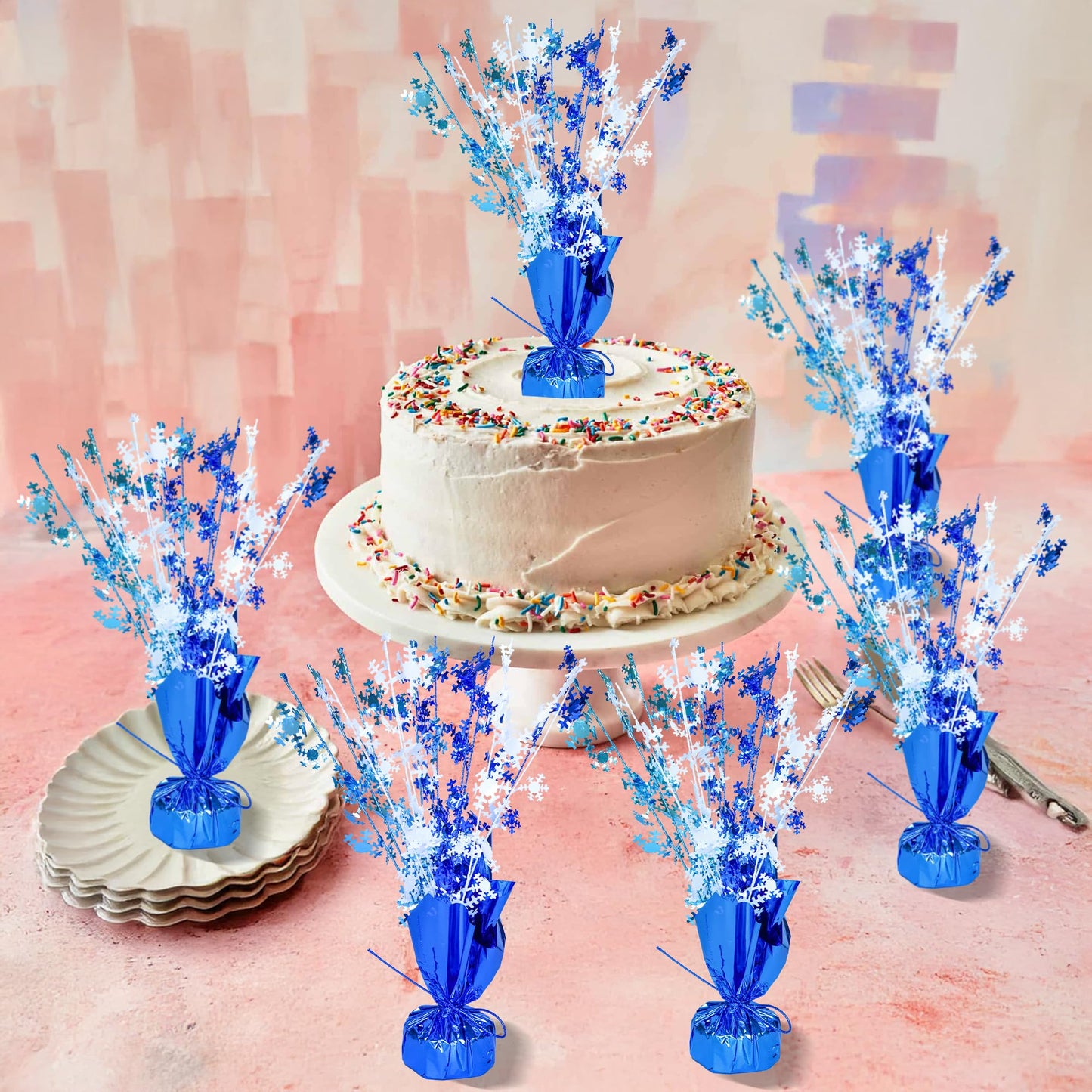 Gyufise 6 Pack Metallic Foil Spray Centerpiece Snowflake Table Decoration Burst Table Centerpieces Table Decor for Winter Wonderland Birthday Wedding Anniversary Holiday Party Supplies Blue