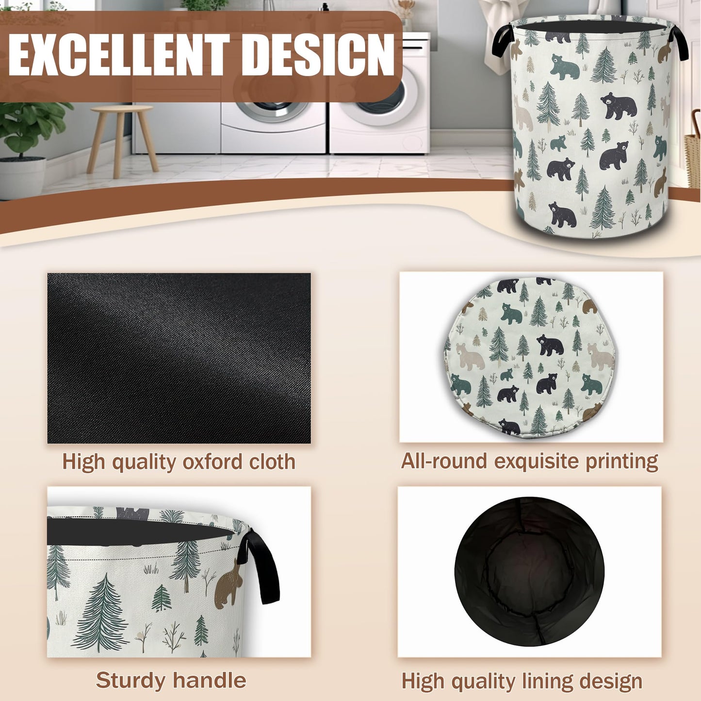 Bear Pine Tree Laundry Basket,Wild Animal Laundry Hamper Waterproof Oxford Cloth Tote Collapsible,Clothes Storage Bucket Decorative Toy Organizer For Bathroom Bedroom 16" x 20.8"