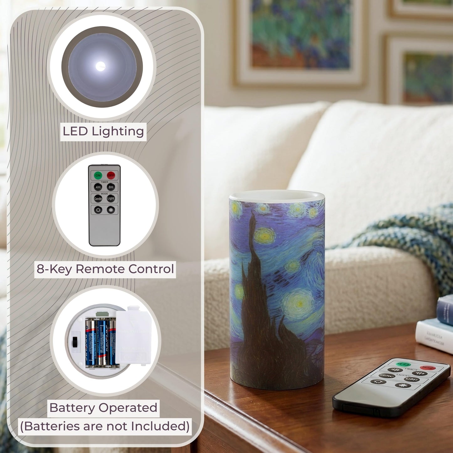Lavish Home Flameless Candles -Van Gogh Starry Night Battery Operated Candles with Remote and Flickering Light for Home Décor