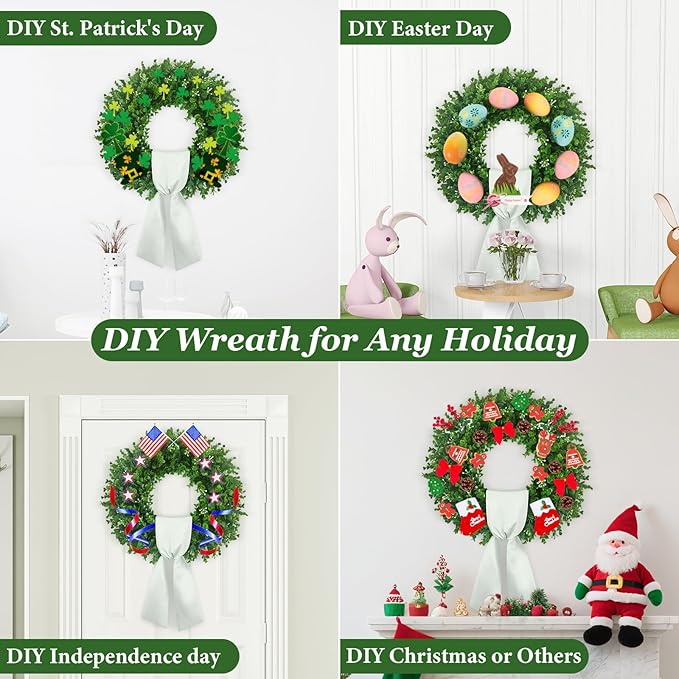 Boxwood Wreaths Front Door 22-24'', Artificial UV Resistant Boxwood Leaves with Flower Core, Greenery Wreath with a Sash for Farmhouse Home Outdoor Indoor Year Round Hanging Decor (Foldable)