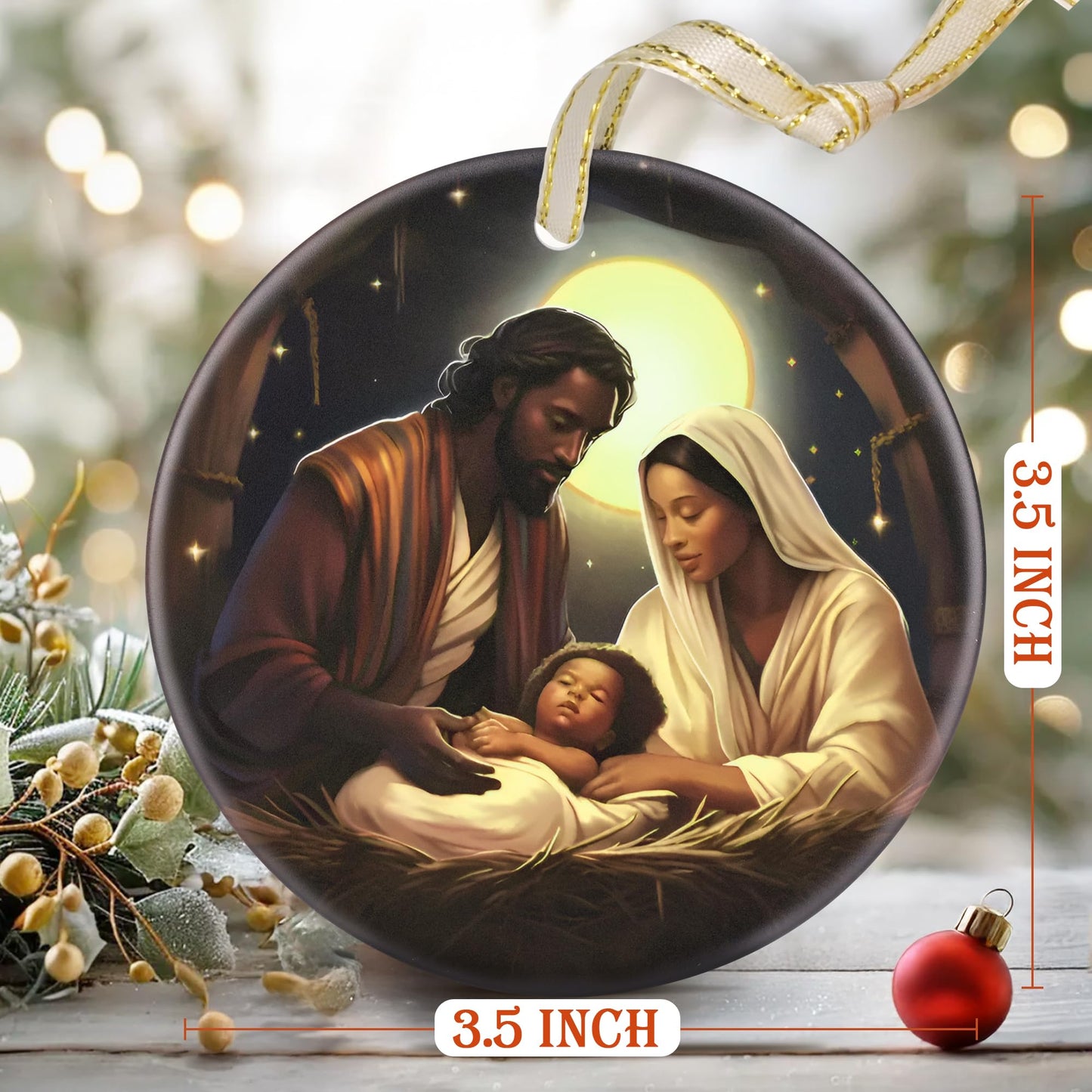 LAOWEIKI Nativity Christmas Ornament, 3.5 Inch Ceramic, Christian Gift, Christmas Tree Decor