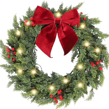 26 Inch Christmas Wreaths for Front Door with Lights,Lighted Cedar Door Wreath,Prelit Real Touch Artificial Green Winter Wreath with Large Burgundy Velvet Bow for Indoor Outdoor Decor