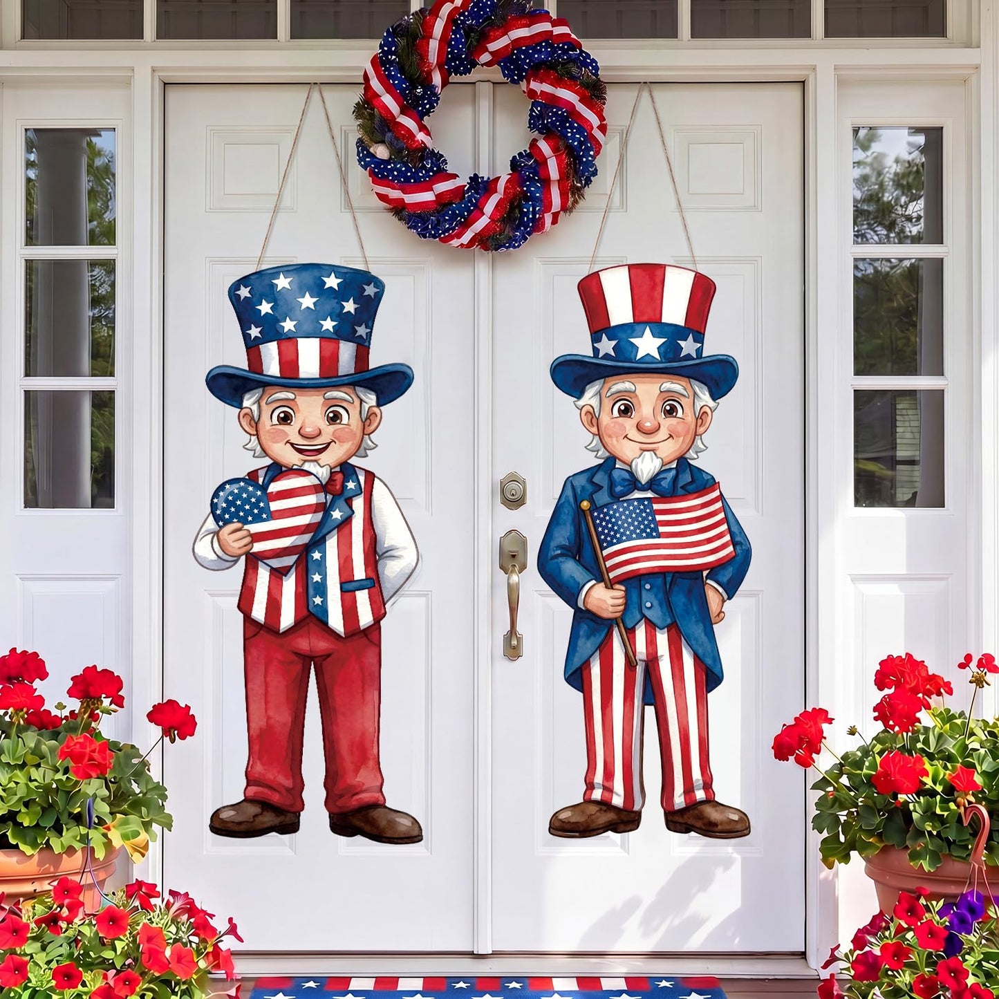 Thyle 2 Pcs Large 4th of July Hanging Sign Decorations 32 x 12 Inch Patriotic Uncle Wooden Front Door Decorations Plaques Porch Sign for 250th Anniversary Independence Day Door Hanger