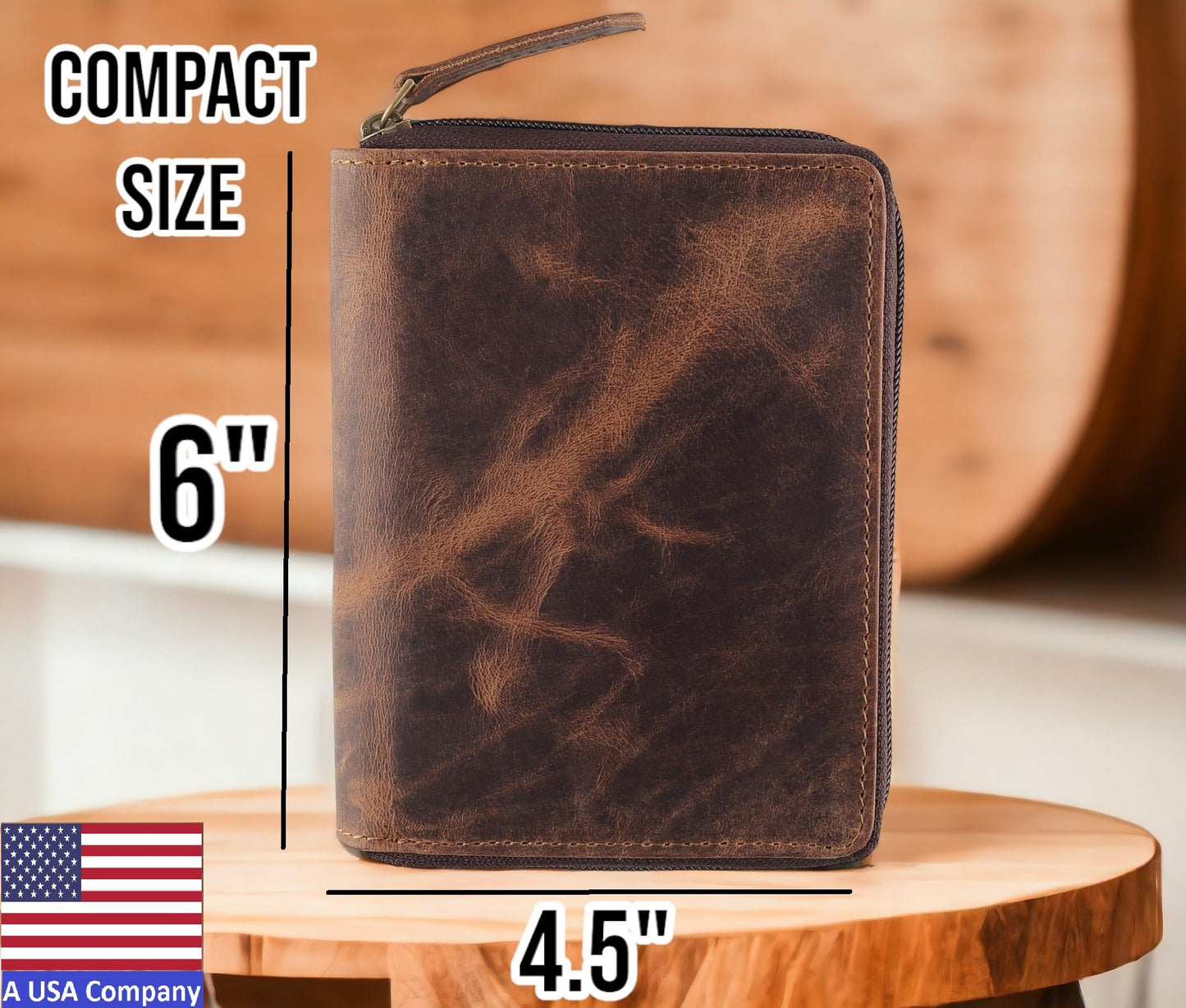 Passport Wallet - Travel Document Holder w/RFID Blocking – Full Grain Leather – Bifold compact zip around Wallet with Credit Card Slots for Women and Men,distressed brown,500-30