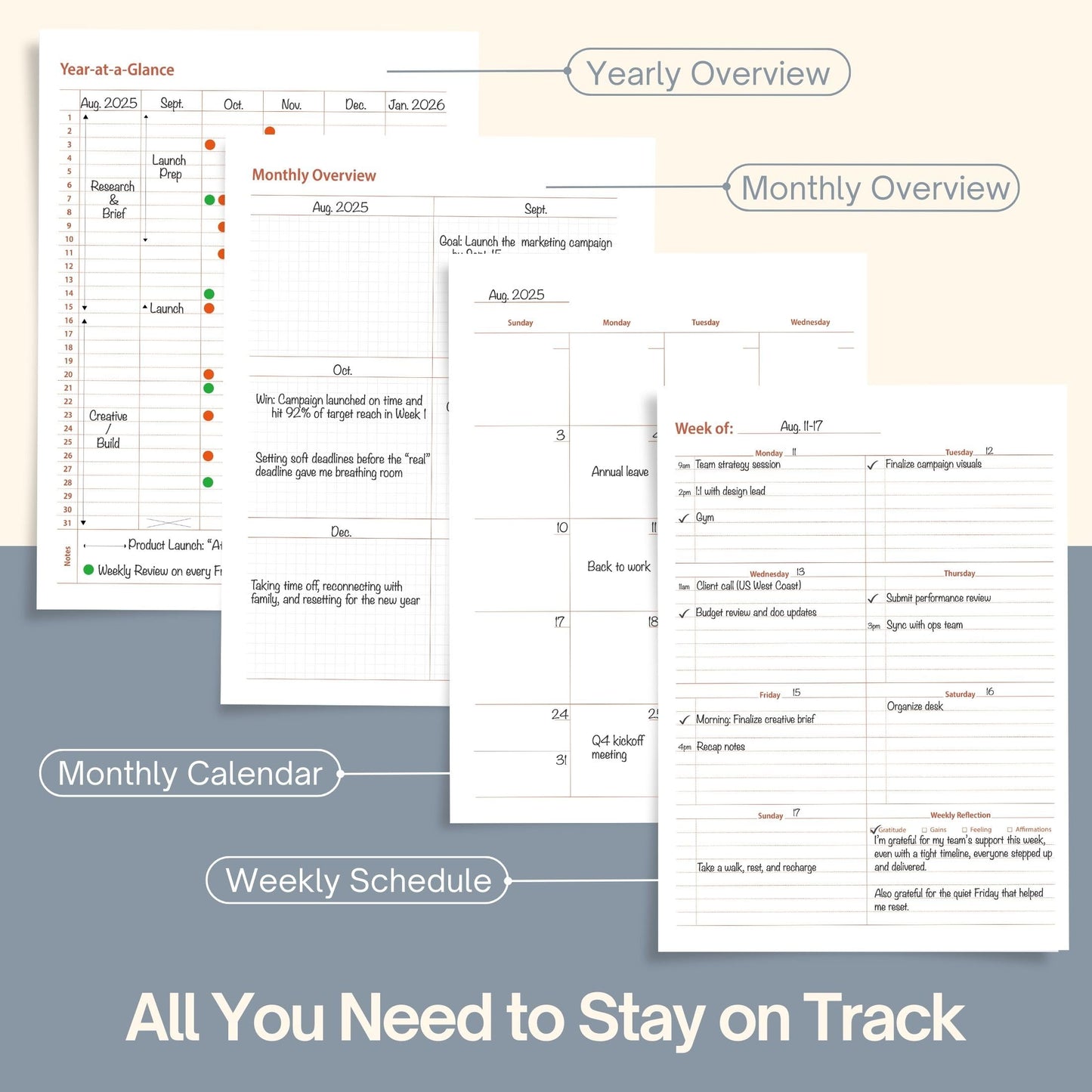 Undated Weekly Planner, 8.5x11” – Dashboard Layout with Yearly Review, Monthly Calendars, & Weekly To Do List, Spiral Bound Organizer for Work, Study & Life (Black)