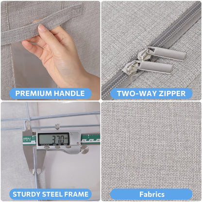CYhom Clothes Storage Bins Box - Linen Fabric Foldable Stackable Container Organizer Set with Clear Window & Carry Handles & Metal Frame (Light Grey, Medium-36L)