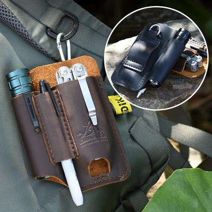 FLYHOMES Genuine Leather Multitool Sheath | Handmade Stitched EDC Belt Organizer for Leatherman Surge & Wave+ | Multi Tool Holster & Pen | Tools Pouch (Dark Brown)