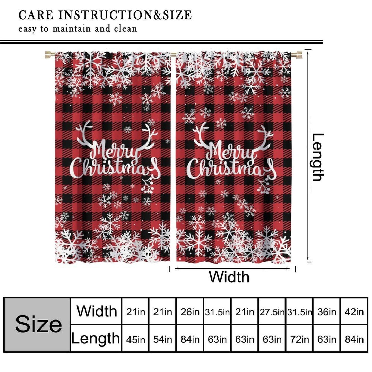 Christmas Curtains, Snowflake Decoration Printed Tartan Fabric, Bedroom Living Room Kitchen Dining Room Decor Curtains Window Treatment 2 Panels Set Total Size 42" W X 45" L Inch