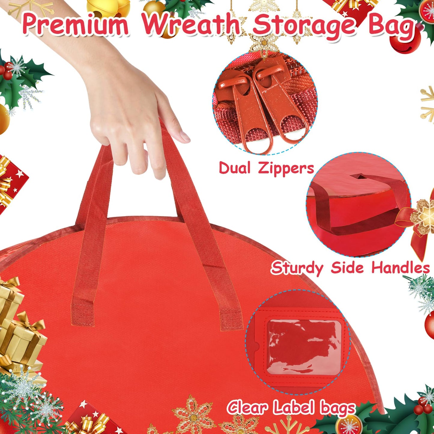 YAYODS 4 Pack Wreath Storage Container 36 Inch Christmas Wreath Storage Bag, 420D Oxford Wreath Holder with Zipper and Handles for Xmas Holiday, Decorations (Red)