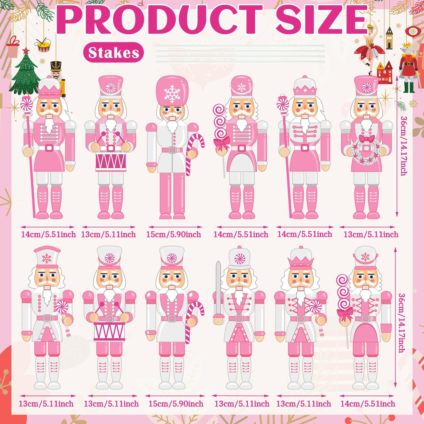 Amyhill 12 Pcs Pink Christmas Nutcracker Yard Sign Outdoor Christmas Yard Decor with Stakes Holiday Xmas Nutcracker Sign Cute Xmas Outside Lawn Decor for Outdoor Porch Garden Pathway Party