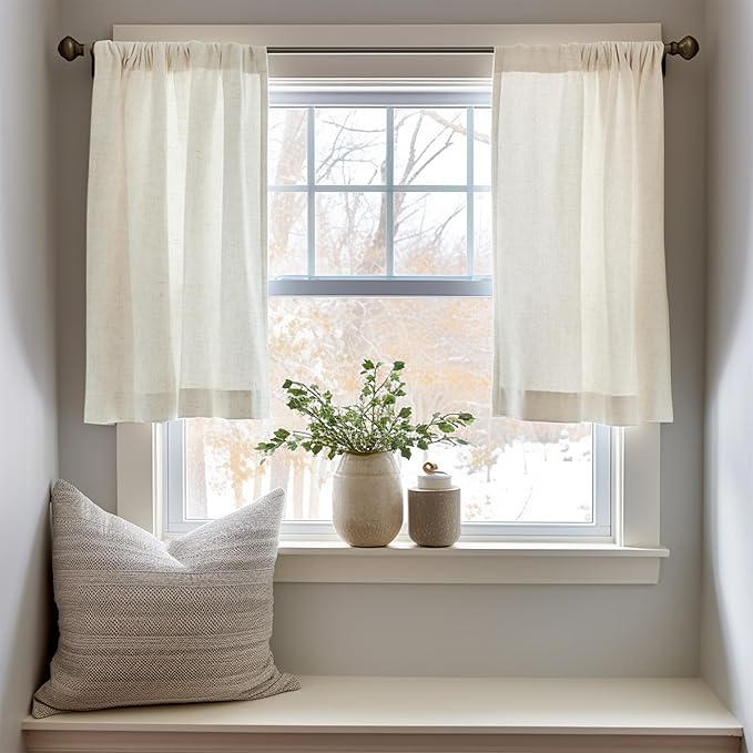 jinchan Linen Textured Tier Curtains 36 Inch for Kitchen Windows Farmhouse Cafe Curtains Small Drapes Rustic Light Filtering Half Window for Living Room Laundry Rod Pocket 2 Panels Natural Crude