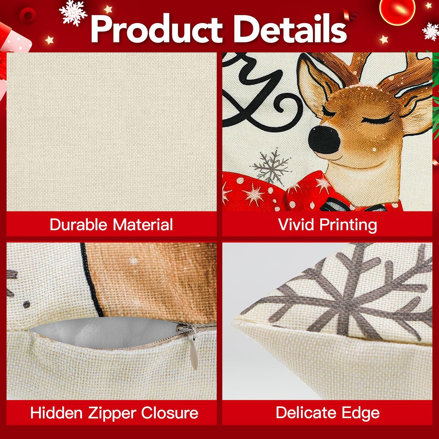UPOFFICIS Christmas Pillow Covers 18x18 inch Set of 4, Christmas Decorations Cushion Covers, Xmas Pillow Covers, Pillowcases Throw Pillow Covers for Sofa Couch Home Decor