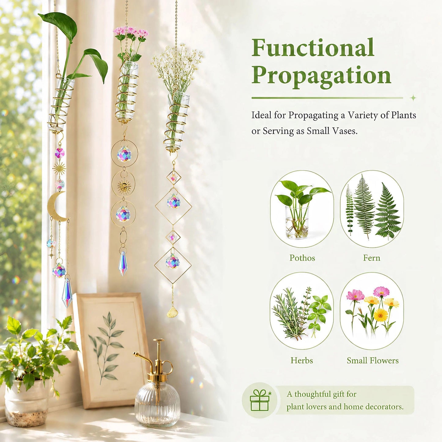 HDCRYSTALGIFTS 6Pcs Crystal Suncatchers with Propagation Stations,Glass Wall Planters for Indoor Plants Hydroponics - Propagation Tubes Jars with Sun Catchers Metal Chain for Home Whimsical Decor