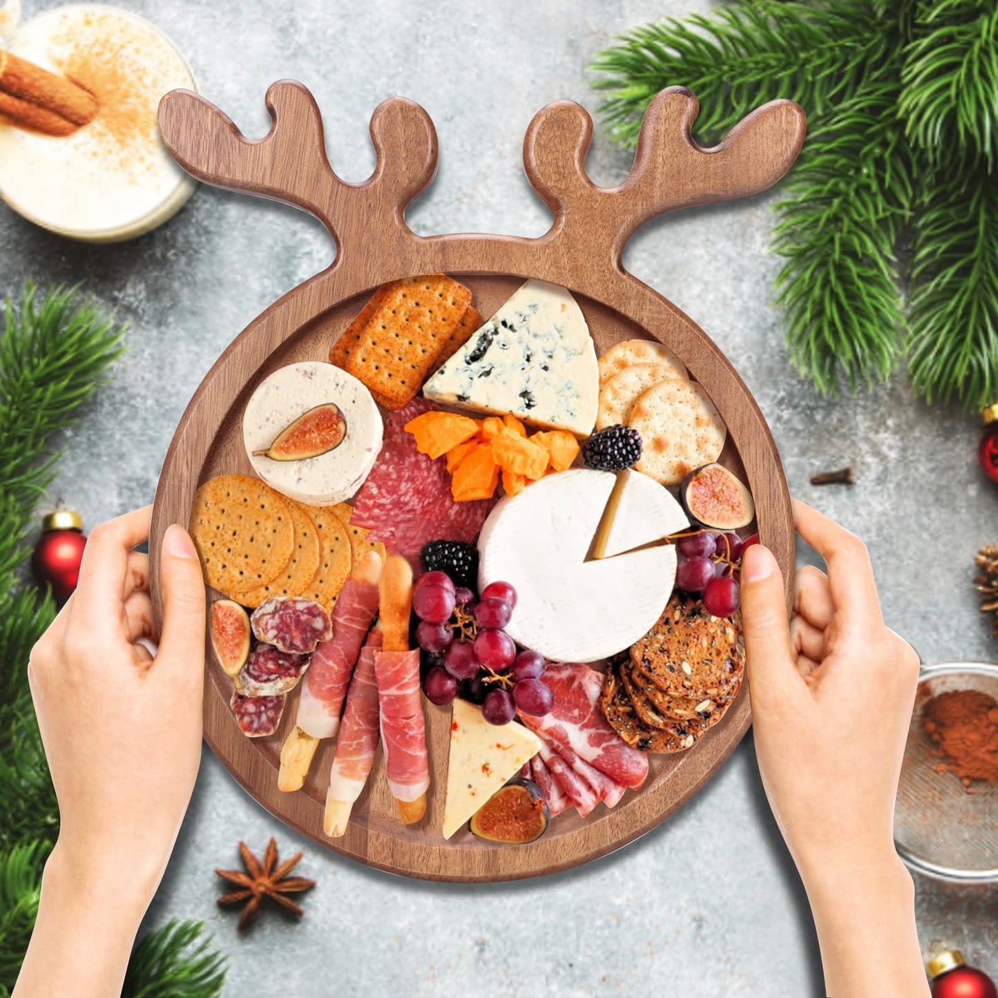 Acacia Wood Christmas Kitchen Decor Platters Dinner Plate Wooden Cheese Charcuterie Board Xmas Snack Cookies Trays Salad Charger Plates for Christmas Holiday Serving Dish Round Festive Dessert Platter