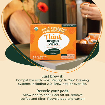 Four Sigmatic Mushroom Coffee K-Cups | Organic Dark Roast Coffee with Lion’s Mane Mushroom Powder & Yacon | Focus & Immune Support | Vegan & Keto | Sustainable Pods | 24 Count
