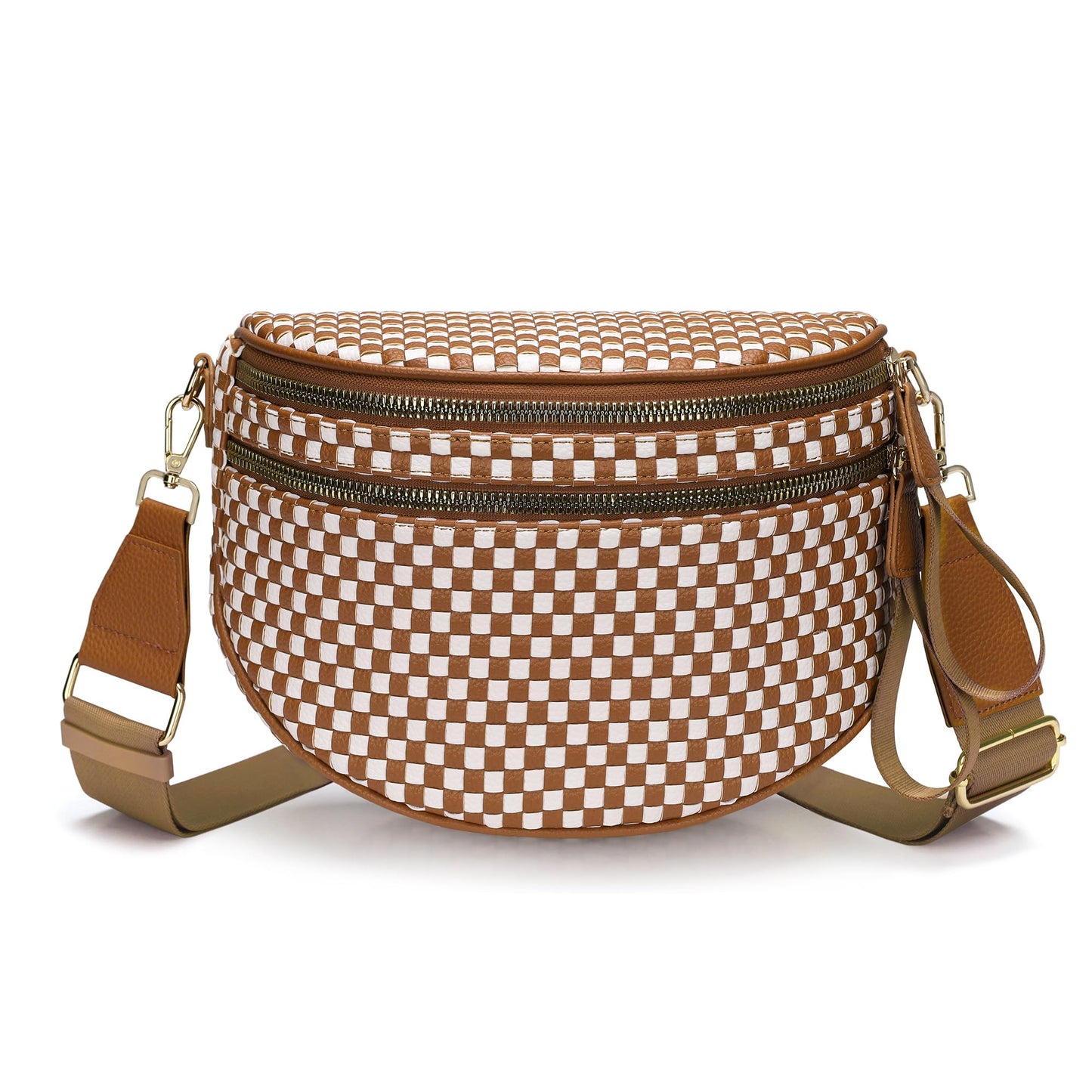 AMZFROG Checkered Woven Crossbody Bum Bags for Women Trendy Casual Chest Bag Sling Bags Genuine Leather Fanny Packs Adjustable Strap Large Shoulder Handags for Outdoor Travel Brown White