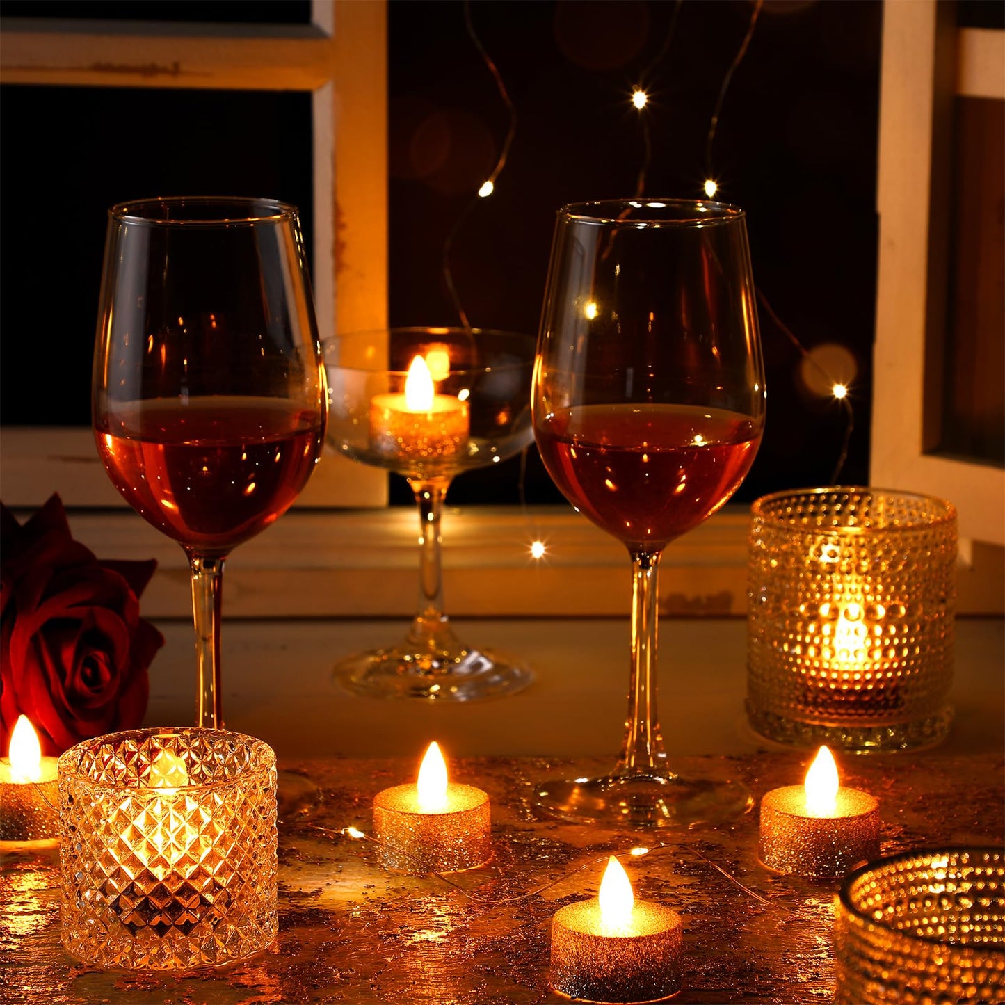 Retisee 48Pcs Flameless LED Tea Lights Glitter Electric Fake Candles for Centerpieces Battery Operated Anniversary Romantic Winter Decor for Wedding Christmas Birthday (Gold,Silver,1.65 Inch)