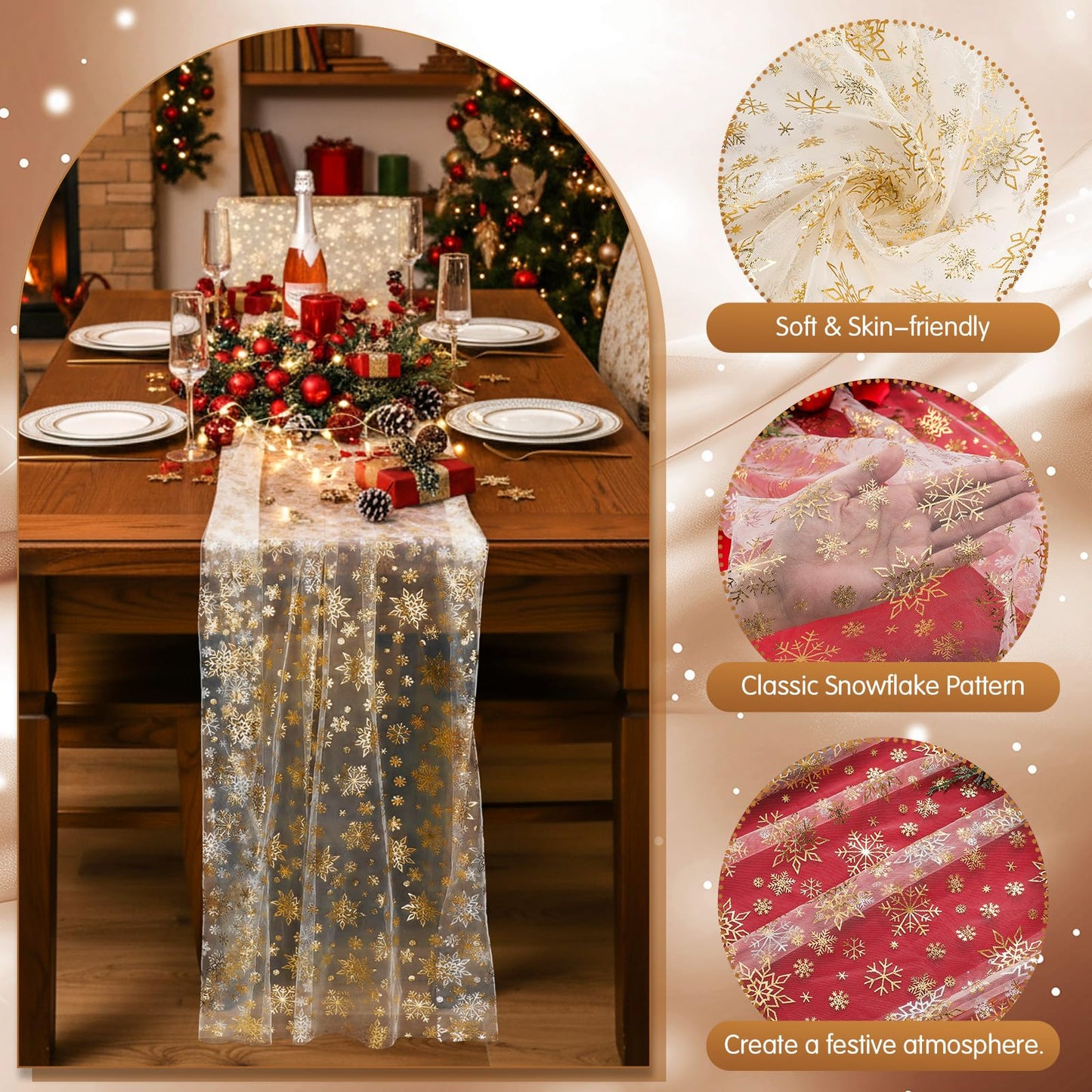 Newwiee 3 Pcs 120 Inch Christmas Gauze Table Runner Beige Gold Winter Snowflake Glitter Metallic Sequin Chiffon Tulle Party Table Decor Centerpiece for Wedding Xmas Baby Shower Birthday