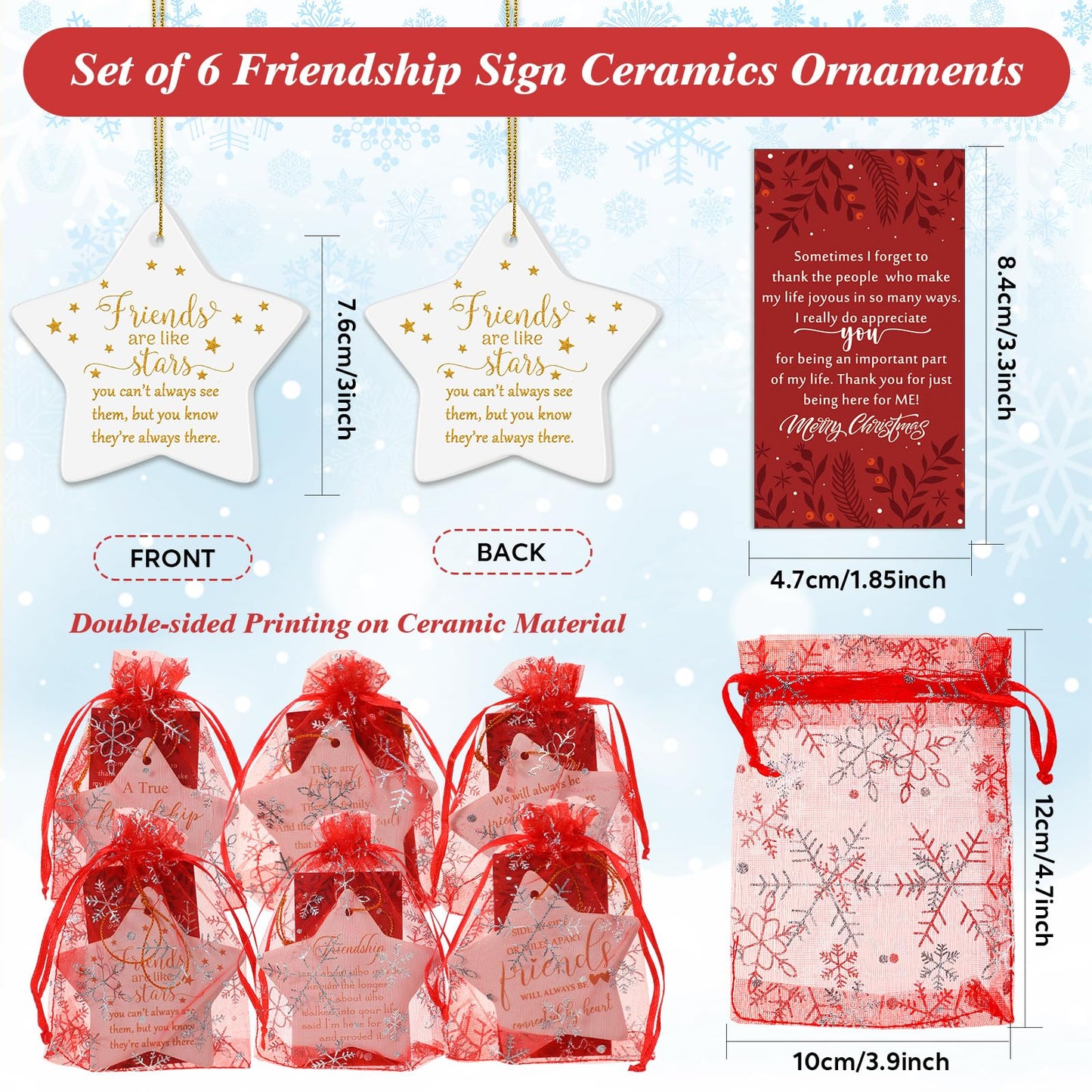 Suzile 6 Pcs Friendship Christmas Ornaments Long Distance Sister Christmas Ornament Gift Round Sisters Friends Ornaments with Holiday Cards Organza Gift Bag for Christmas Tree (Star)