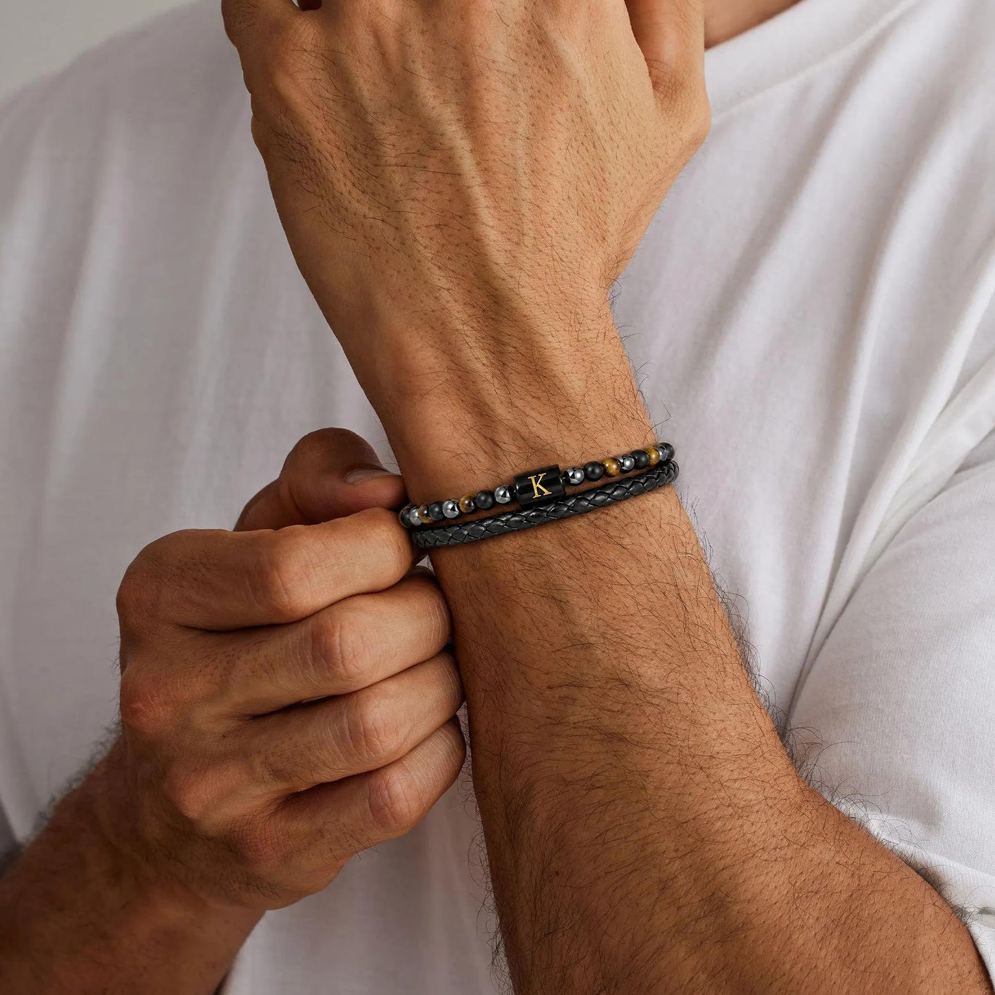 OUTSTHAND Leather Initial Bracelets for Men, Tiger Eye Beaded Bracelets Birthday Gifts for Husband Boyfriend Dad Gifts for Mens Personalized Mens Jewelry Fathers Day Gift for Men