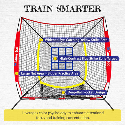 Ameritco Baseball Net，7x7ft Baseball Practice Net with Tee and Target, Large Pocket Sports net for Hitting/Batting/Pitching/Throwing,Scratch Resistant Base, Versatile Use for All Levels (Red)