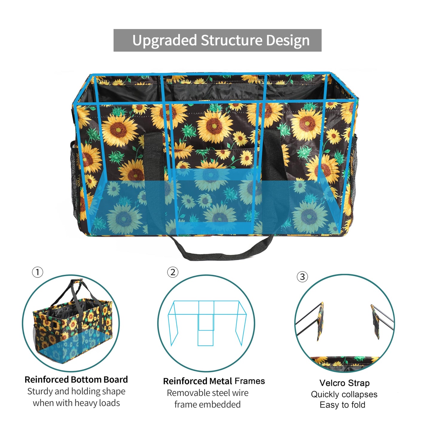 Joyfol Day Extra Large Utility Tote Bag, Reusable Grocery Bags Foldable, Upgraded Metal Frame, With Sturdy Handles Reinforced Bottom Heavy Duty Oxford Fabric Moving Shopping Bags, Sunflower