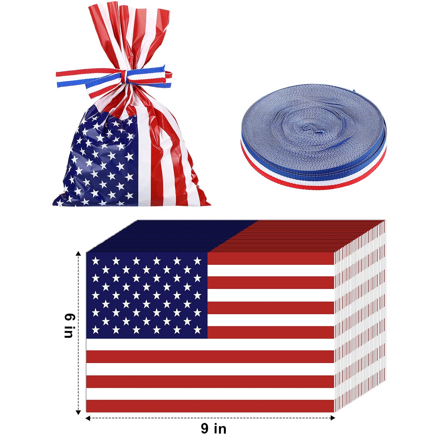 Tenare 100 Pcs Patriotic Gift Cellophane Bags Bulk 4th of July Plastic Red White Blue Flag Treat Goodie Bags 250th Anniversary Treat Goodie Candy Pouches with Ribbon for Independence Day Party Favors