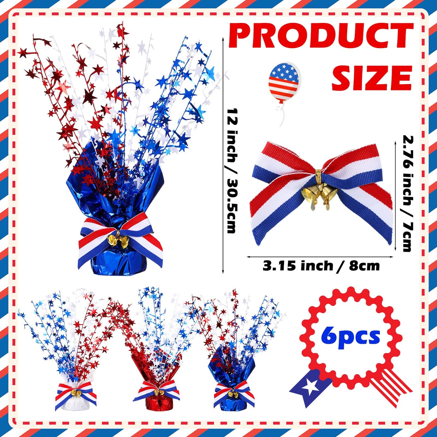 Suncalla 6 Pack 4th of July Table Centerpiece Decoration Red White Blue Patriotic Decorations Metallic Stars Centerpieces for 250th Anniversary Independence Day American Decor