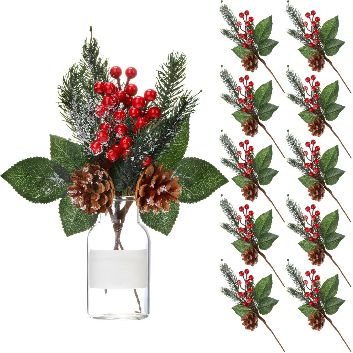 Boao 12 Pcs 11'' Large Christmas Pine Picks Tree Decoration Red Berry Picks and Sprays with Cone Artificial Fake Branches Snowy Floral Flower Holly Pine for Tree Crafts Decor Faux Stem